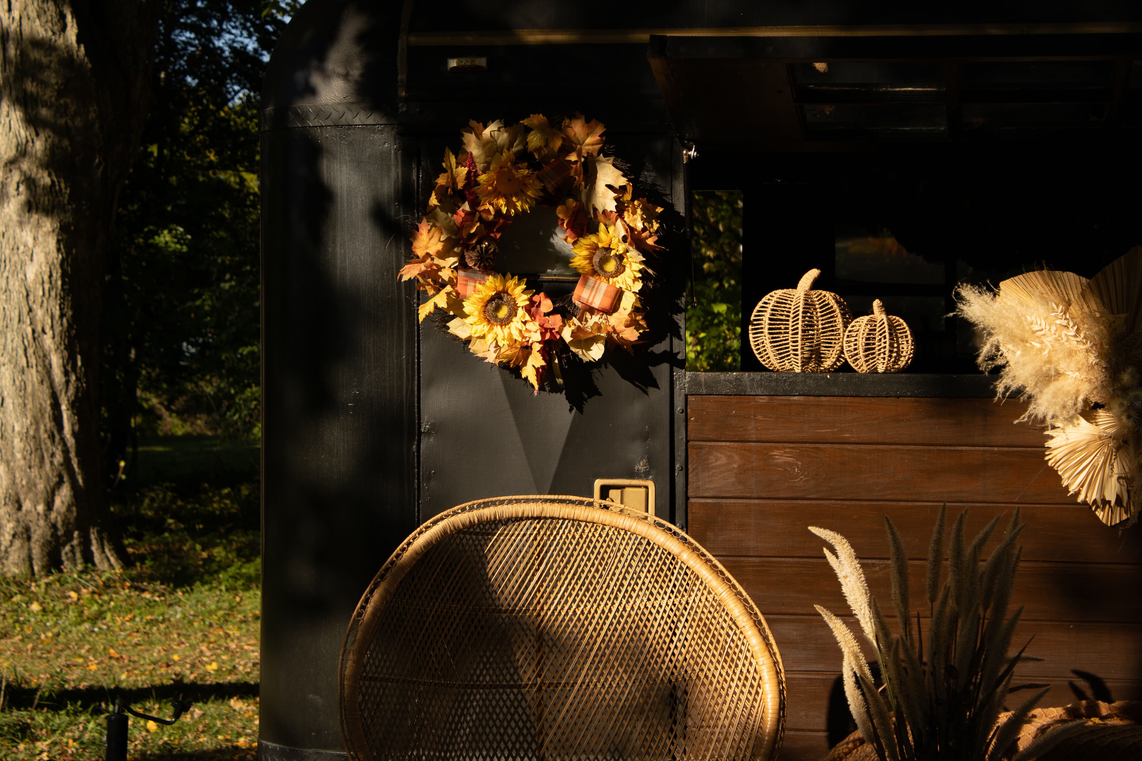 Close detail of the sunflower wreath and styled counter